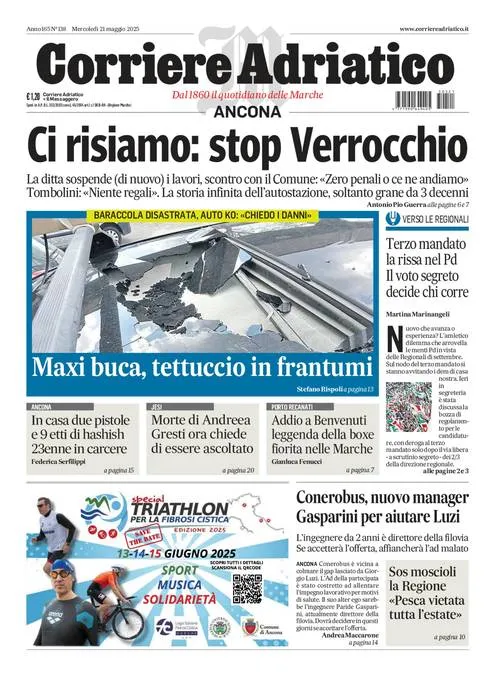 Prima-pagina-corriere adriatico-edizione-di-oggi-21-05-2025